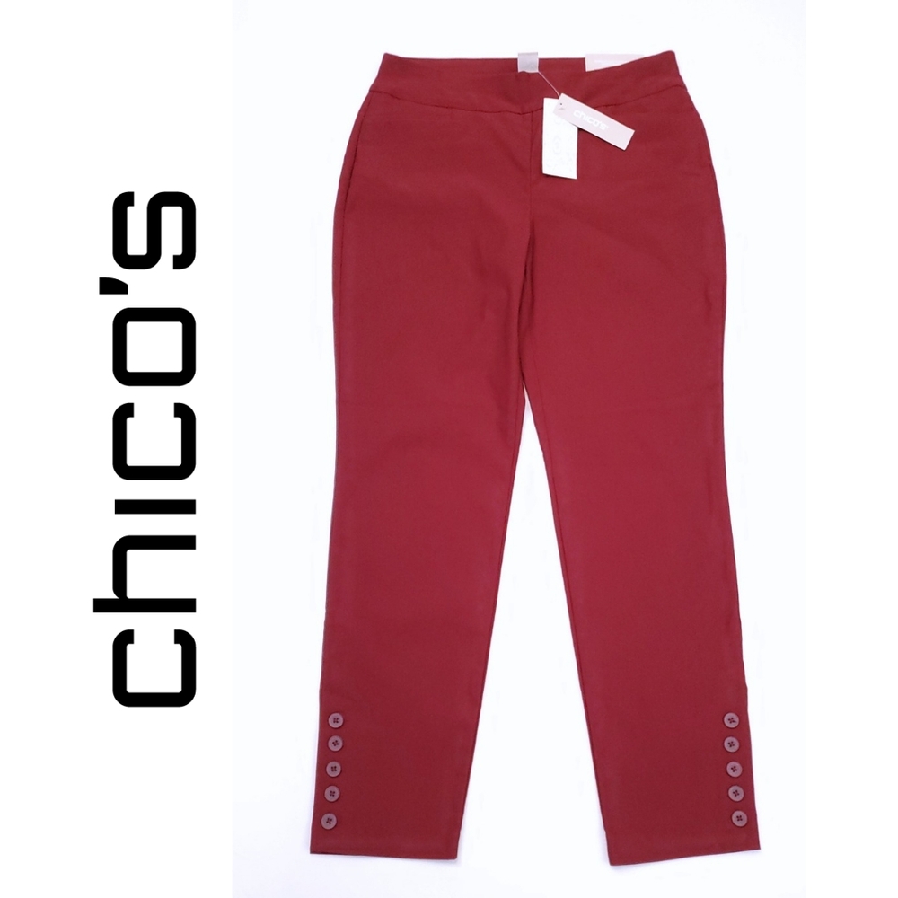 NEW Chico's So Slimming Brigitte Slim Leg Burgundy Pants Button Accents Size 4R